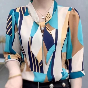 Blue Print Šifon Majica Pomlad Poletje Moda Bluzo 2023 korejskem Slogu Eleganten Lok Kravato Ovratnik Srajco z Dolgimi Rokavi za Ženske
