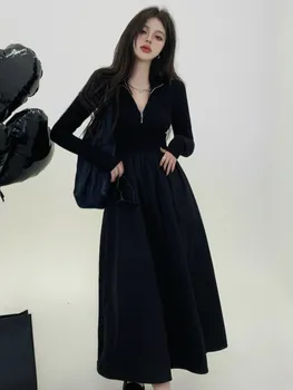Jeseni Priložnostne Ženske Solid Black Midi Obleko 2023 Dolg Rokav Nova Dama Stranke Pathchwork Maxi Obleke, Ženske Letnik A-line Robe