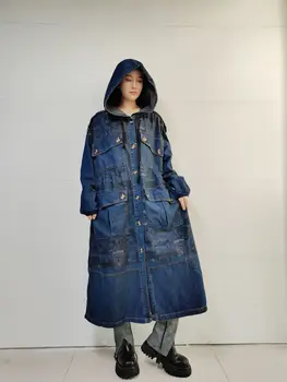 Priložnostne Bombaža, Jeansa Windbreakers 2024 Novo SpringWomens Svoboden Natisnjeni Hooded Jarek Coats Umetnosti Slog Visoke Kakovosti Oblačila