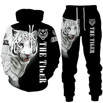 2023 Novih Moških živali tiger Hooded Majica 3D Tiskanih Moške hlače Šport Dve-delni set Jesenska moda za Moške oblačila sklop