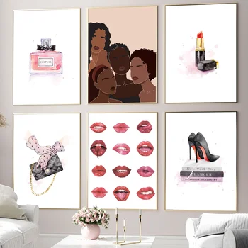 Afriško Ameriške Ženske Natisne Moda Plakat Dekleta Parfum Visokih Petah Platno Slikarstvo Rastlin Wall Art Slik, Dnevna Soba Dekor
