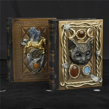 Dekorativne Knjigo, Zvezek Pegasus Pentagram Vzorec Črna Mačka Glave z Naravnimi Crystal Kamen Zdravljenja Ustvarjalne Magije Knjigo Darilo