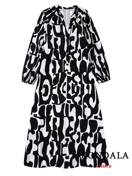 KONDALA Letnik Geometrijske Tisk Svoboden Midi Obleka Ženske Dolg Rokav Ruffles Moda 2022 Jeseni Obleko Ženski Elegantni Vestidos