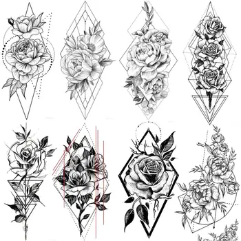 Seksi Geometrijske Cvet Začasne Tetovaže, Nalepke Za Ženske Odraslih Diamond Rose Tatoos Body Art Roko Nazaj Ponaredek Tatoo Cvetlični Ličila