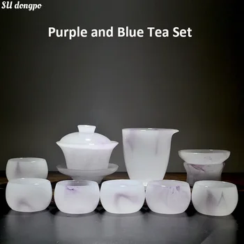 Stekla Vijolične in Modre High-end Čaj Nastavite Jade Porcelana Čaj Gaiwan, Skodelice Čaja Cedilo Čaj Razpršilnik Čaj, Kavo Gospodinjski Prijatelj Darilo