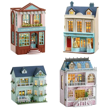 DIY Lesene Lutke Mini Castle Sladica Trgovina Lutka Hiše S Pohištvom Komplet za Sestavljanje Igrače za Otroke Božično Darilo Casa